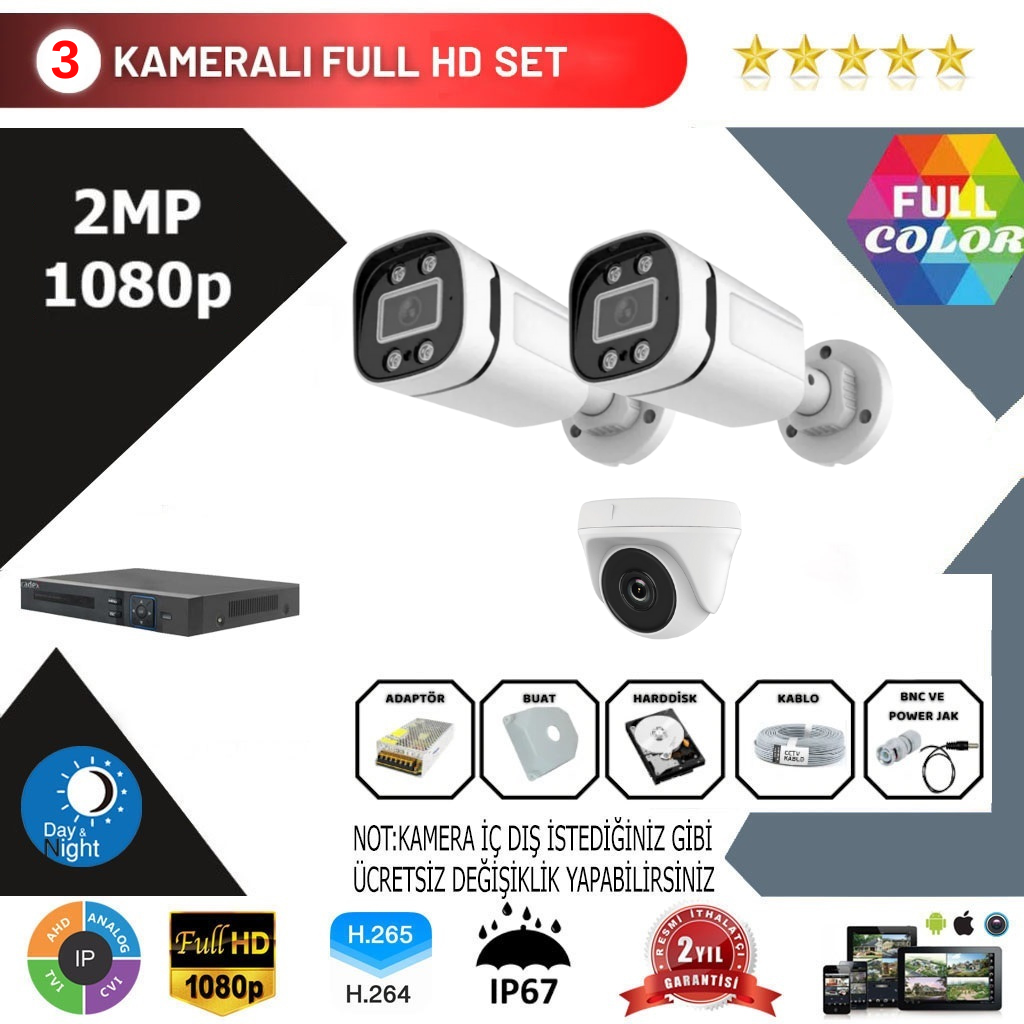 3 Kameralı 2MP Kurulum Dahil